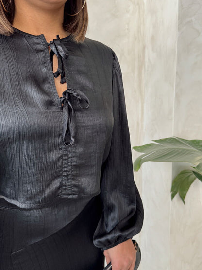 Crinkle Satin Tie-Front Blouse