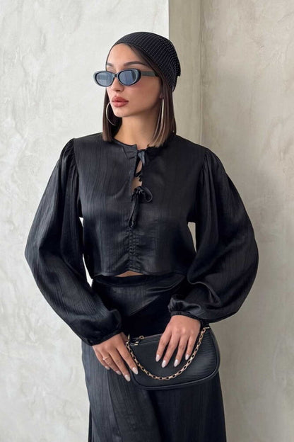 Crinkle Satin Tie-Front Blouse