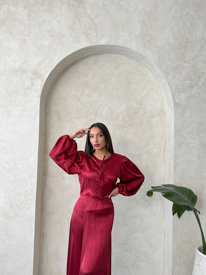 Crinkle Satin Tie-Front Blouse