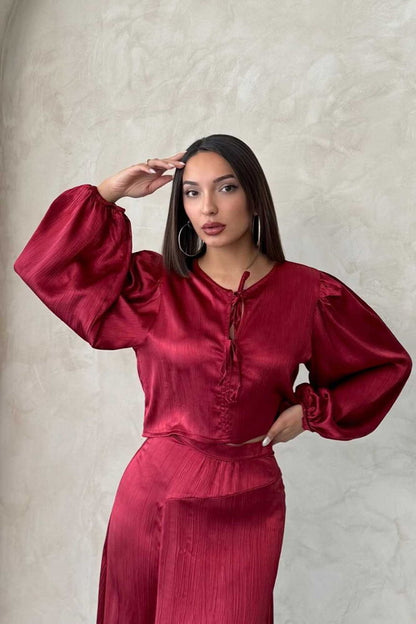 Crinkle Satin Tie-Front Blouse