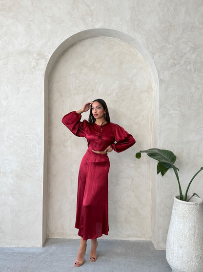 Crinkle Satin Tie-Front Blouse