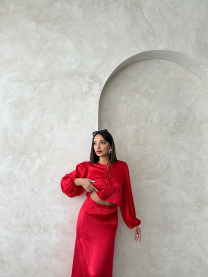 Crinkle Satin Tie-Front Blouse