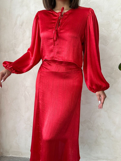 Crinkle Satin Tie-Front Blouse