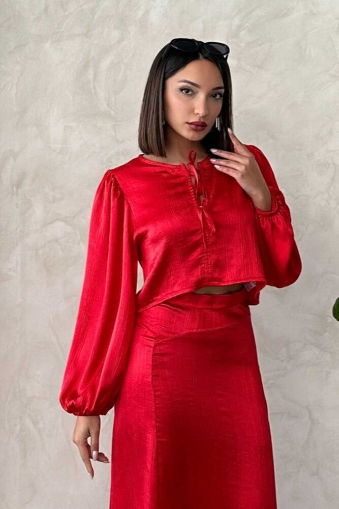 Crinkle Satin Tie-Front Blouse