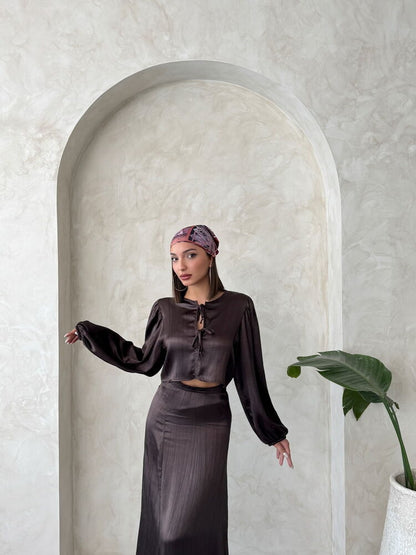 Crinkle Satin Tie-Front Blouse