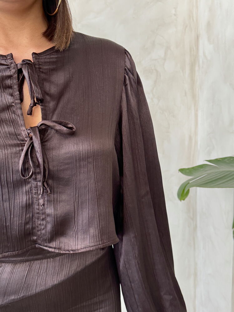 Crinkle Satin Tie-Front Blouse