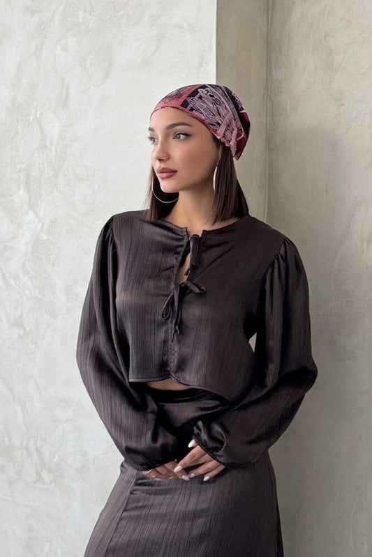 Crinkle Satin Tie-Front Blouse