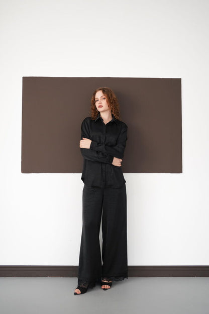 Pleated Lace-Hem Trousers