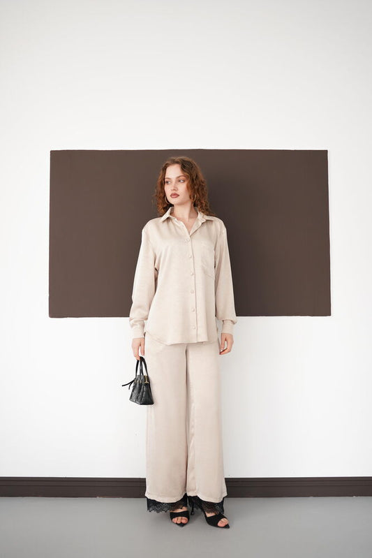 Pleated Lace-Hem Trousers