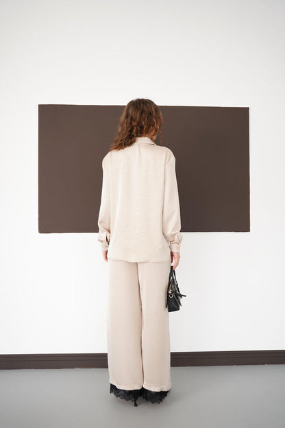 Pleated Lace-Hem Trousers