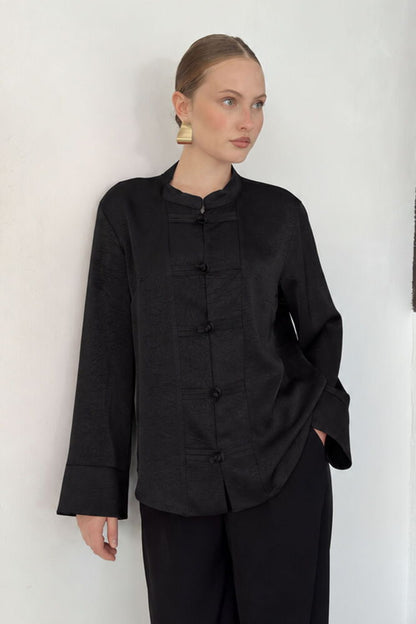 Crinkle Satin Mandarin Blouse