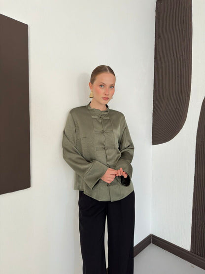 Crinkle Satin Mandarin Blouse