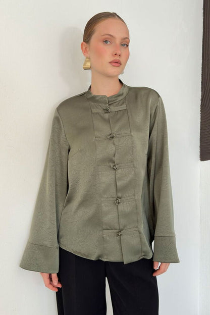 Crinkle Satin Mandarin Blouse