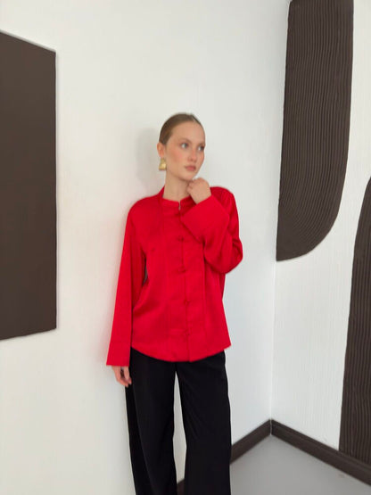 Crinkle Satin Mandarin Blouse