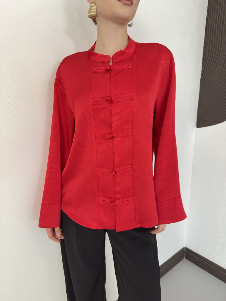 Crinkle Satin Mandarin Blouse