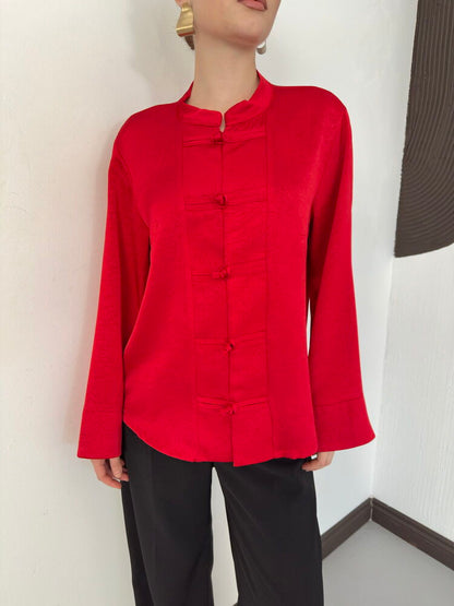 Crinkle Satin Mandarin Blouse