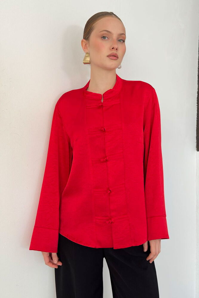 Crinkle Satin Mandarin Blouse