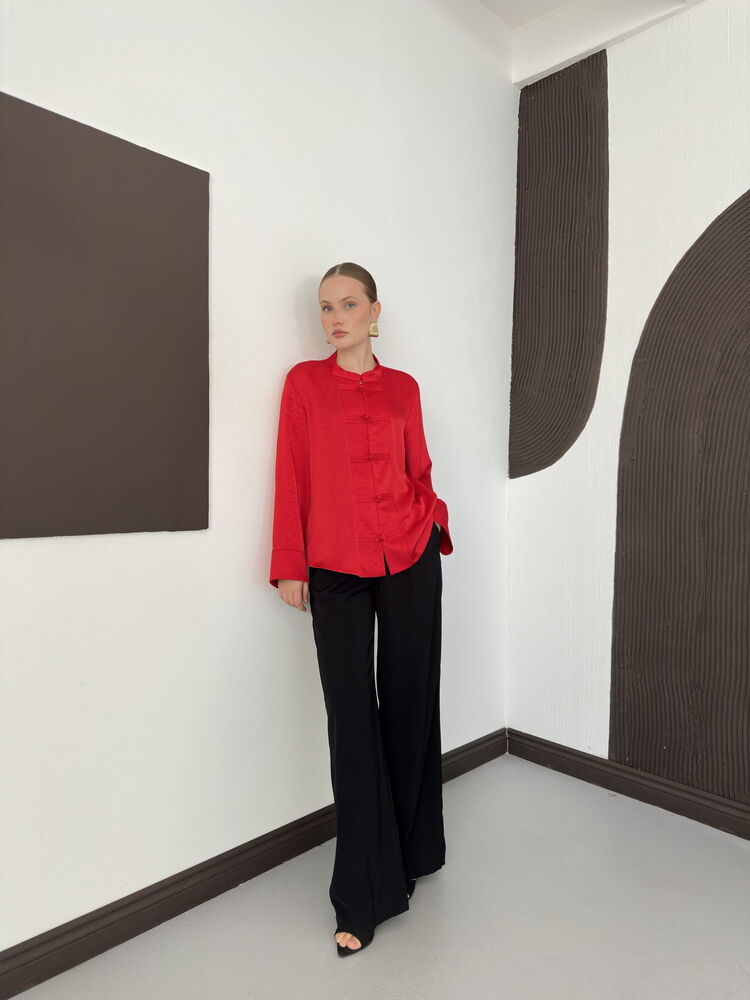 Crinkle Satin Mandarin Blouse