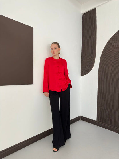 Crinkle Satin Mandarin Blouse