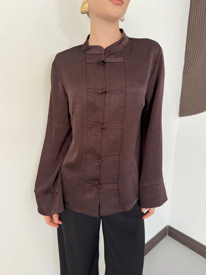 Crinkle Satin Mandarin Blouse