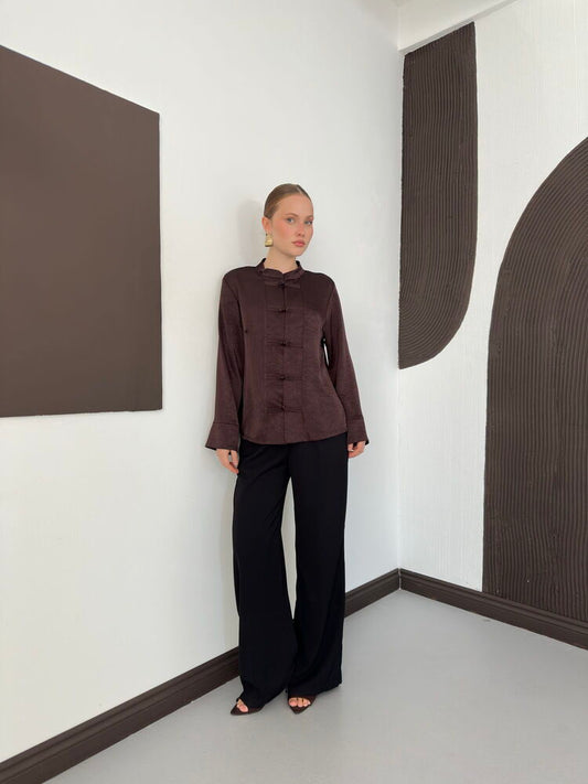 Crinkle Satin Mandarin Blouse