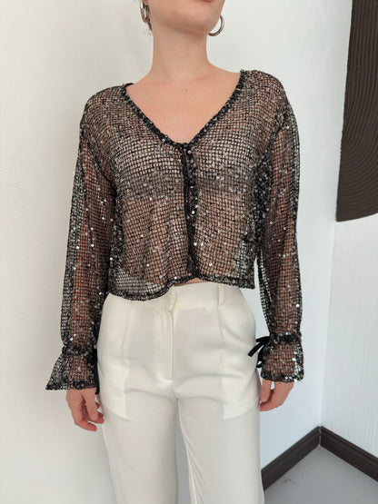 Sequin Mesh Button Blouse