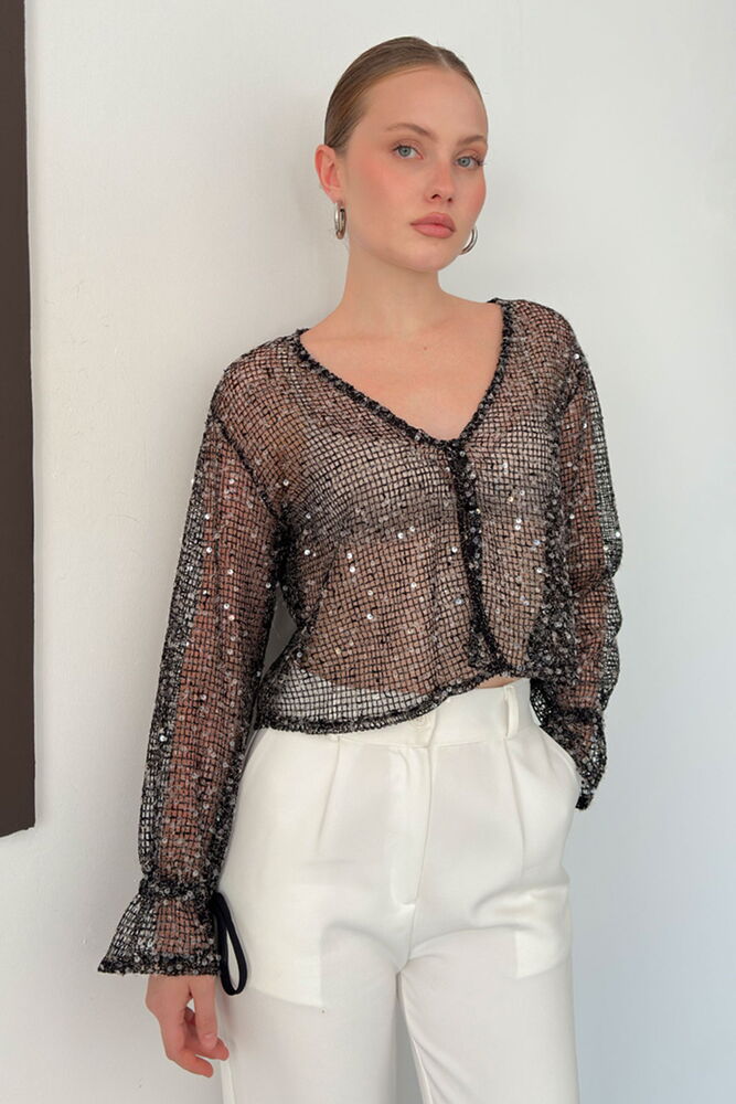 Sequin Mesh Button Blouse