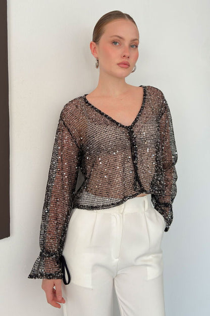 Sequin Mesh Button Blouse