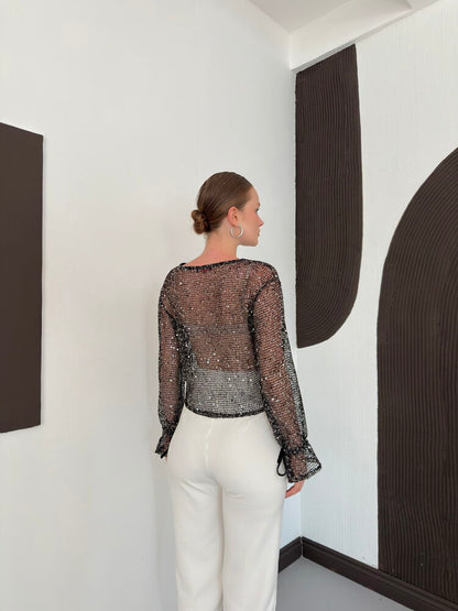 Sequin Mesh Button Blouse