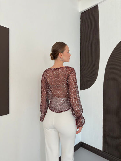 Sequin Mesh Button Blouse