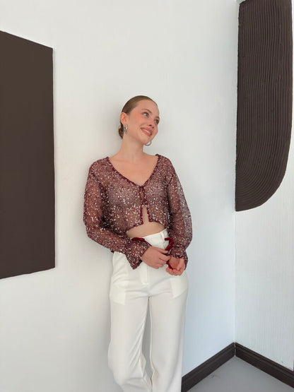 Sequin Mesh Button Blouse