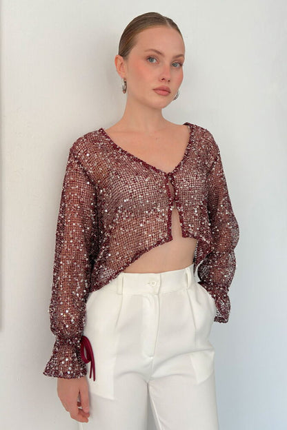 Sequin Mesh Button Blouse