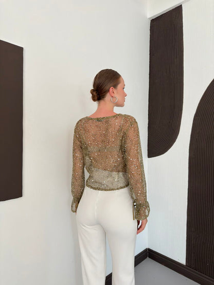 Sequin Mesh Button Blouse