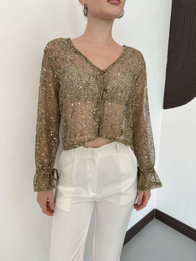 Sequin Mesh Button Blouse