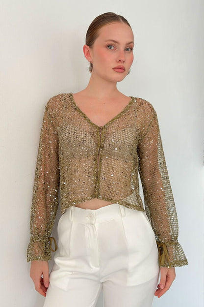 Sequin Mesh Button Blouse