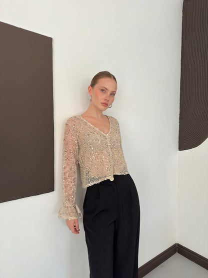 Sequin Mesh Button Blouse