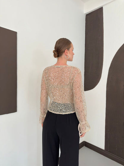 Sequin Mesh Button Blouse