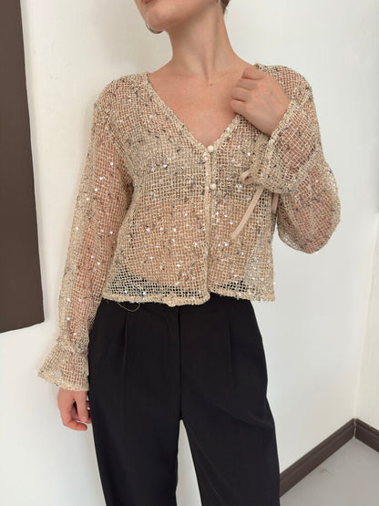 Sequin Mesh Button Blouse