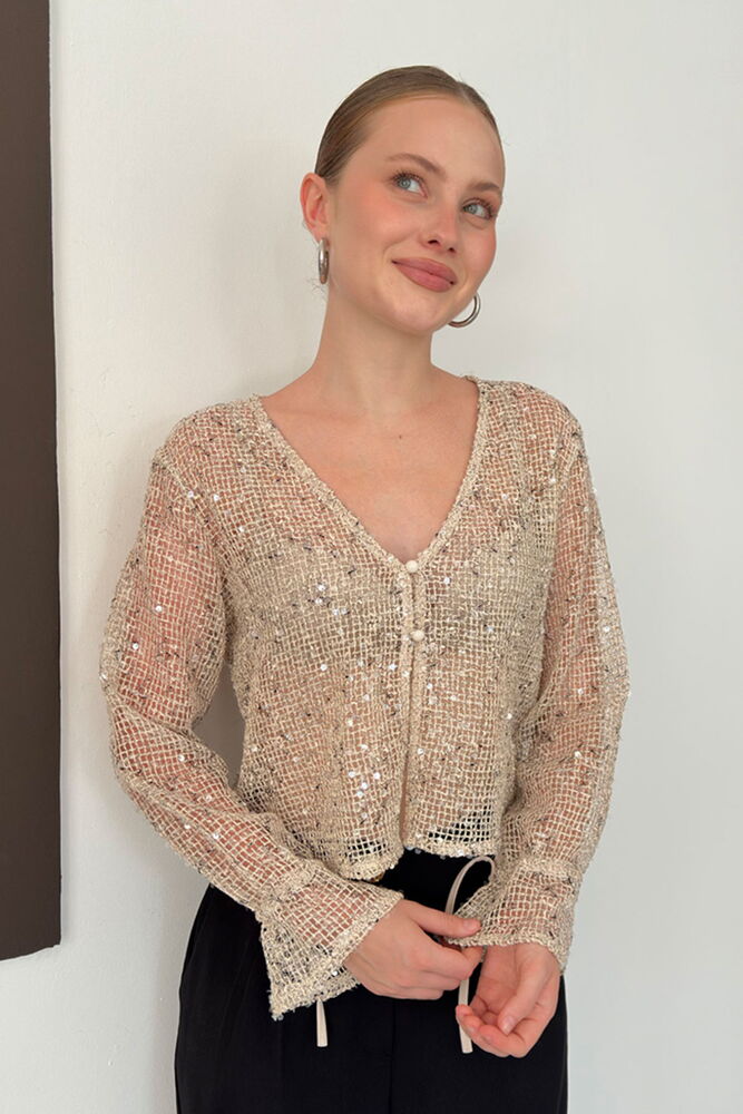Sequin Mesh Button Blouse