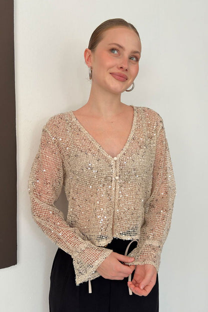 Sequin Mesh Button Blouse