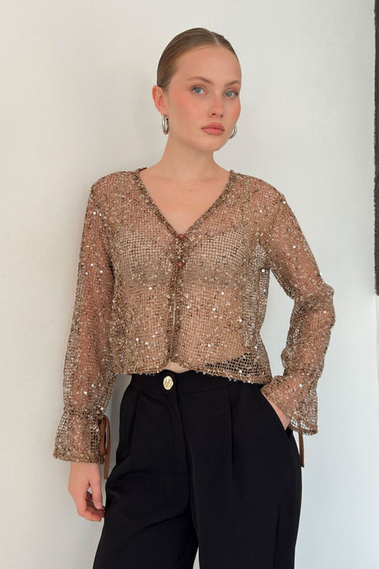 Sequin Mesh Button Blouse