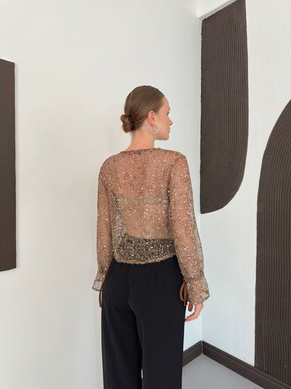 Sequin Mesh Button Blouse