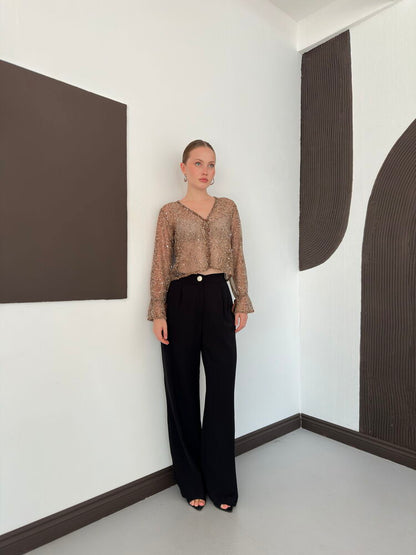 Sequin Mesh Button Blouse