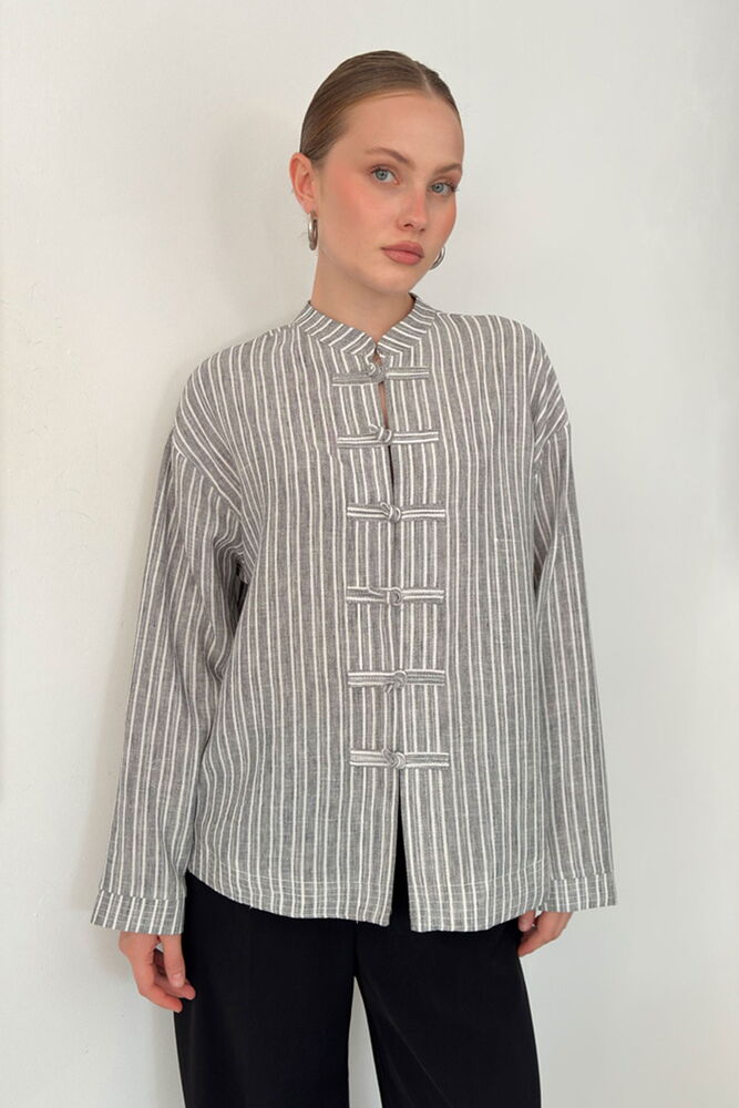 Striped Poplin Frog-Button Blouse