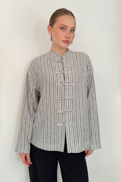 Striped Poplin Frog-Button Blouse