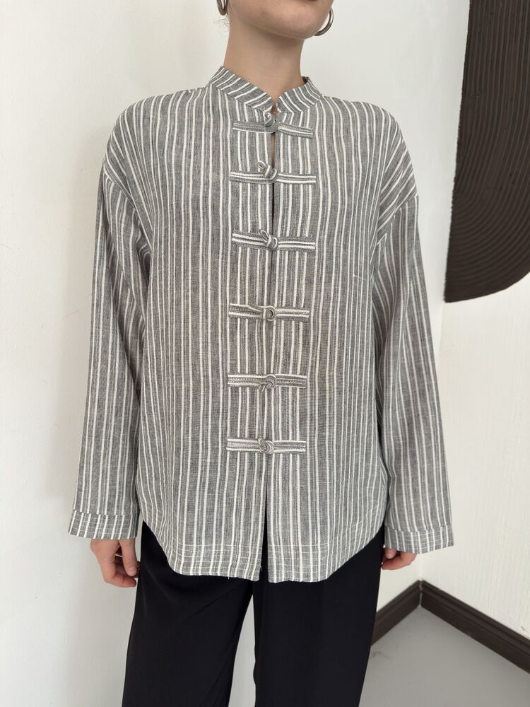 Striped Poplin Frog-Button Blouse