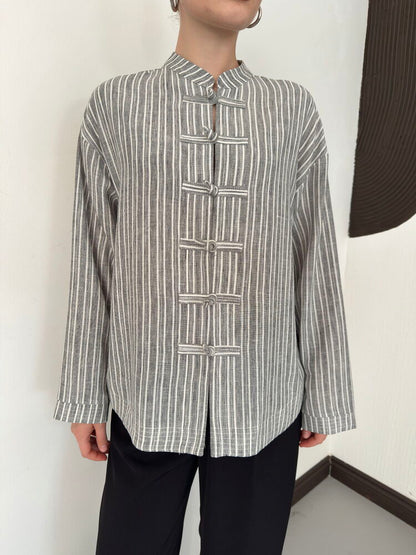 Striped Poplin Frog-Button Blouse