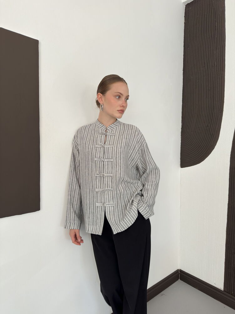 Striped Poplin Frog-Button Blouse