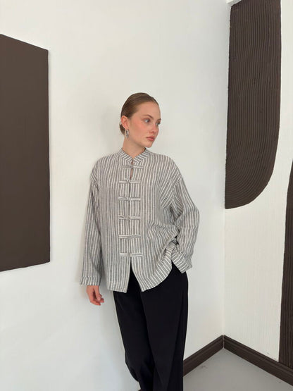 Striped Poplin Frog-Button Blouse