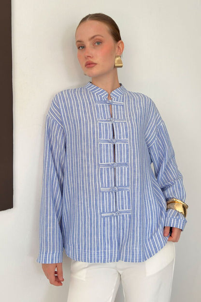Striped Poplin Frog-Button Blouse